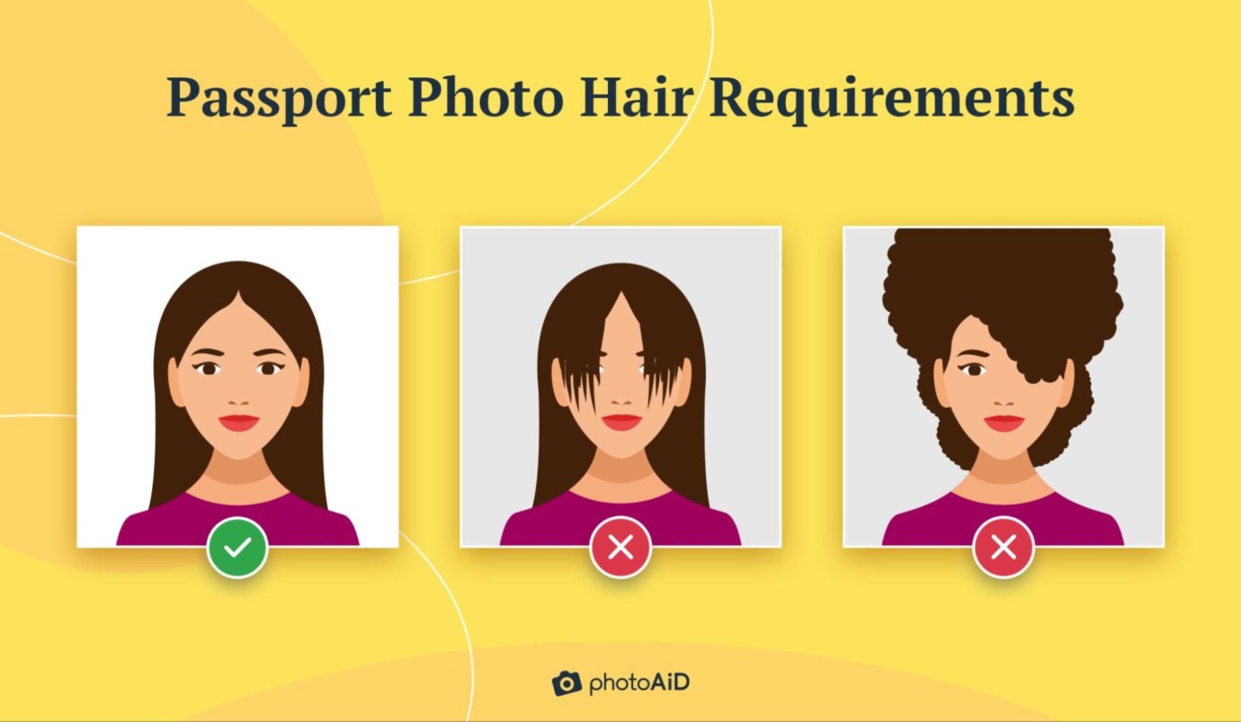 Passport photo requirements for hair showing acceptable bangs and examples of non-compliant hairstyles.