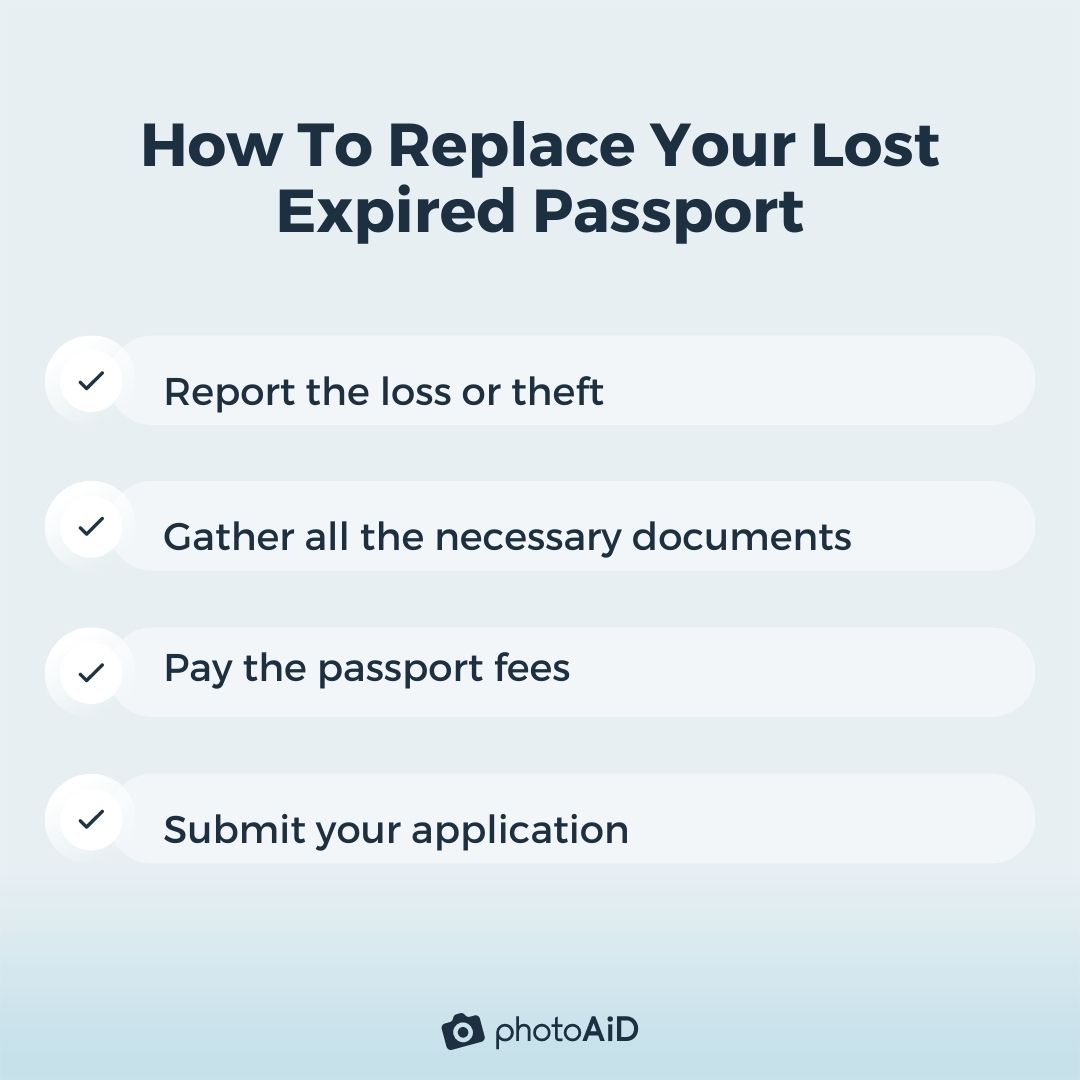 A step-by-step infographic explaining how to replace a lost expired passport.
