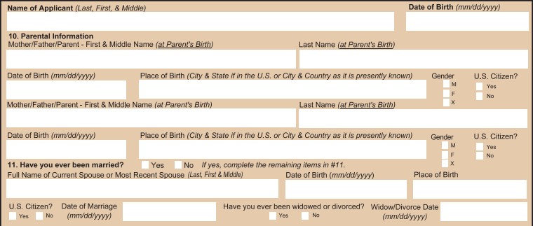 The first section on page 2 of a DS-11 form.