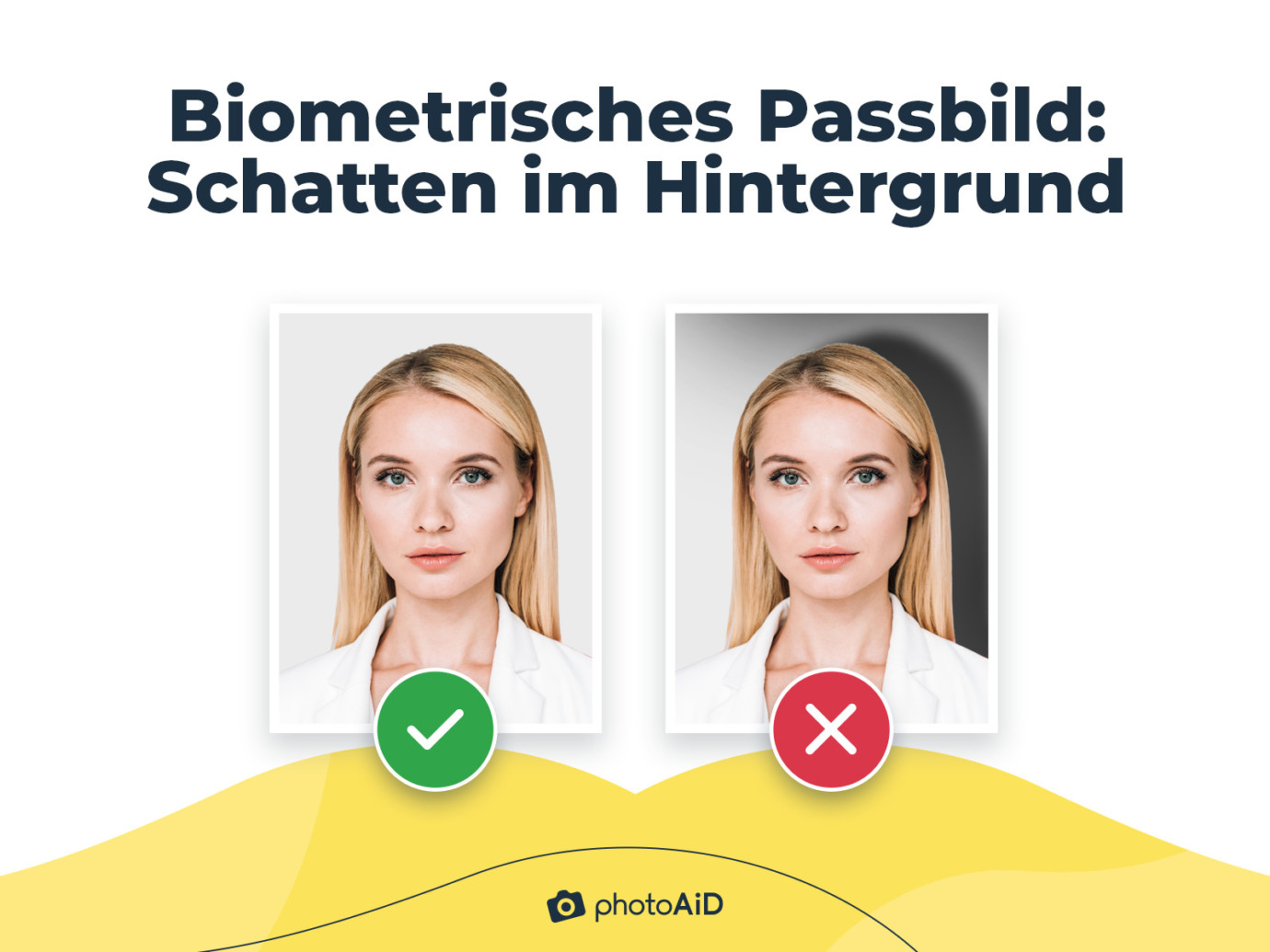 Passbild einer jungen Frau mit blonden Haaren: einmal mit und einmal ohne Schatten im Hintergrund des Fotos.