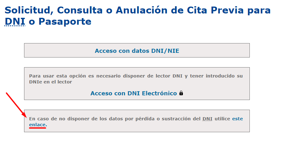 La imagen muestra la web del Cuerpo Nacional de Policía y qué opción seleccionar en caso de solicitar un duplicado DNI.