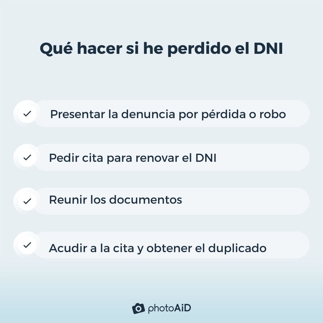 La imagen muestra los 4 pasos a seguir en caso de perder el DNI.