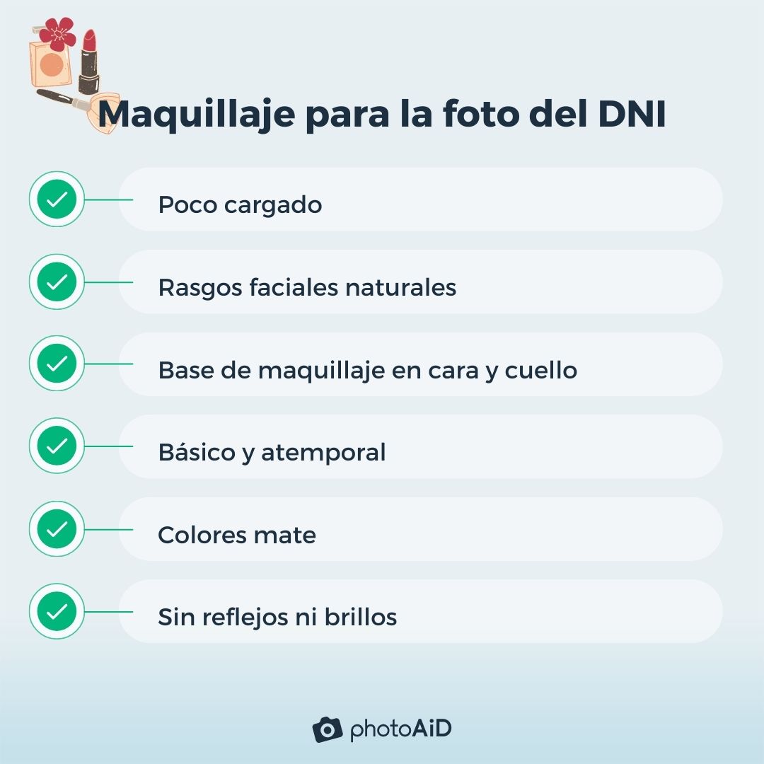 lista de consejos a seguir para uso de maquillaje en fotos tipo carnet.