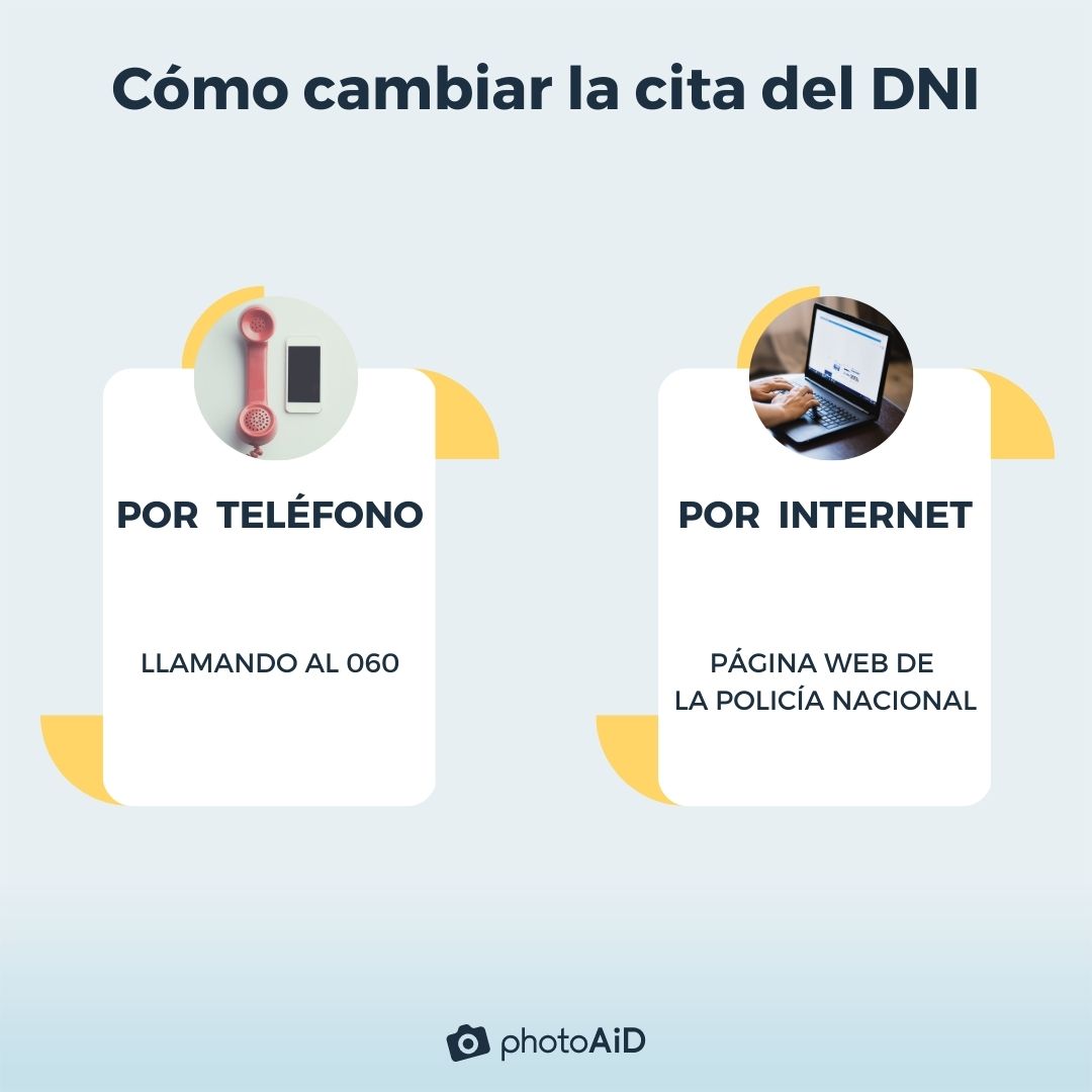 Una imagen con colores azules y amarillo muestra las dos opciones disponibles para modificar una cita previa DNI.