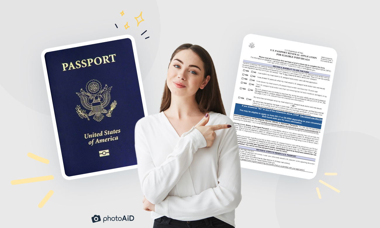 A young woman points to the form to change her name on a passport after marriage.