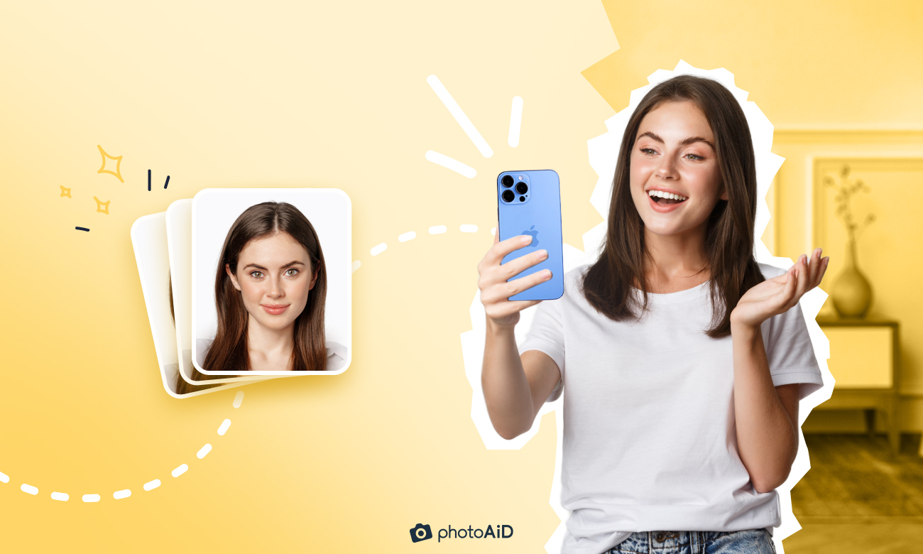Woman taking a passport photo with an iPhone at home.