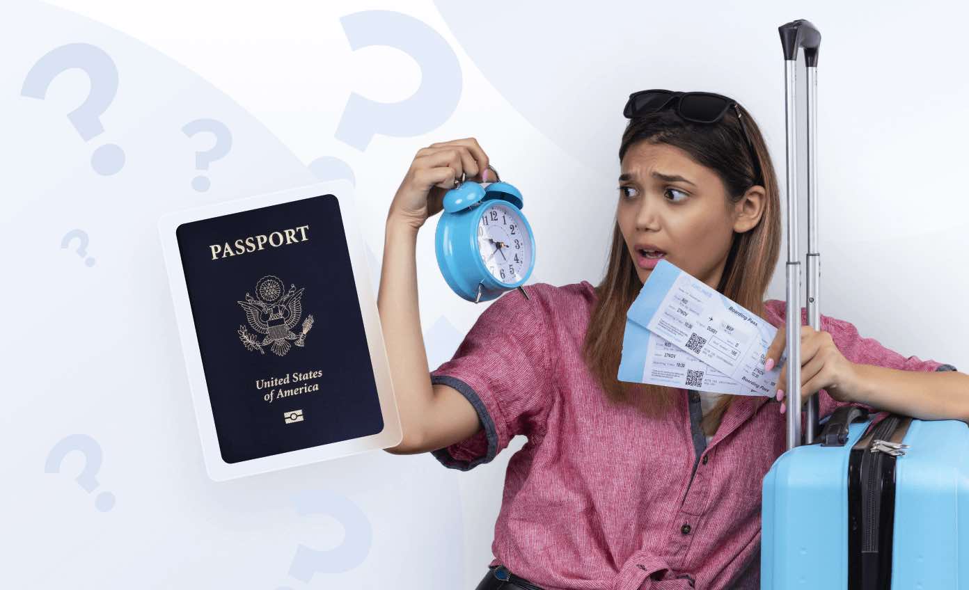 A woman with a suitcase and an alarm clock who is worried about her lost passport.