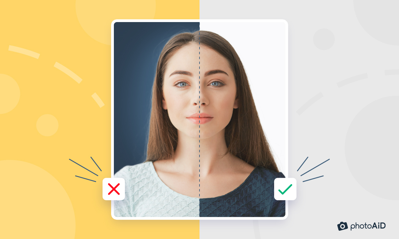 A picture divided in half representing two types of outfit for a passport photo—one that is acceptable and the other that will be rejected.