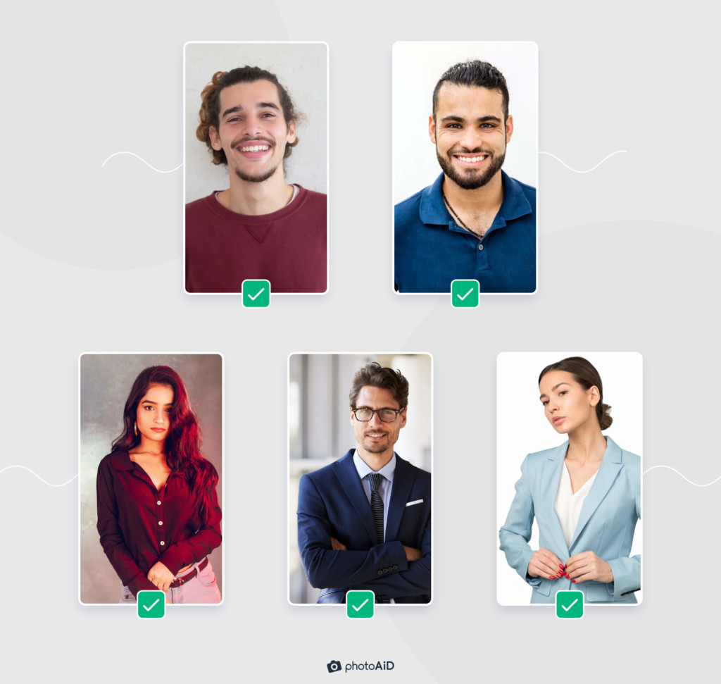 Five examples of acceptable outfits for US passport photos.
